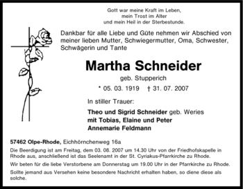 Traueranzeige von Martha Schneider von Tageszeitung