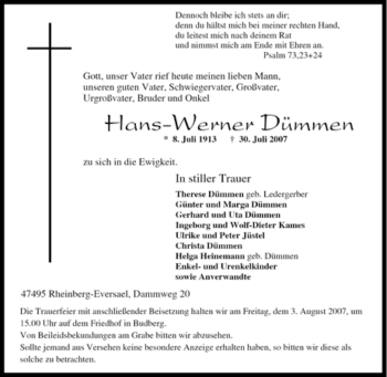 Traueranzeige von Hans-Werner Dümmen von Tageszeitung