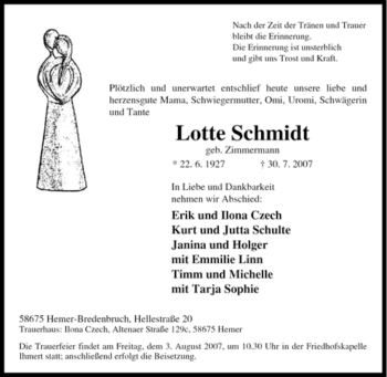 Traueranzeige von Lotte Schmidt von Tageszeitung