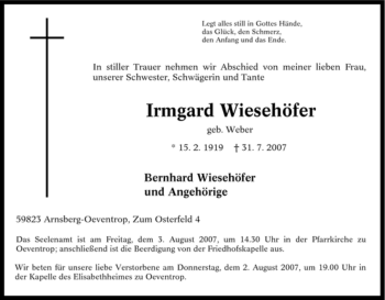Traueranzeige von Irmgard Wiesehöfer von Tageszeitung