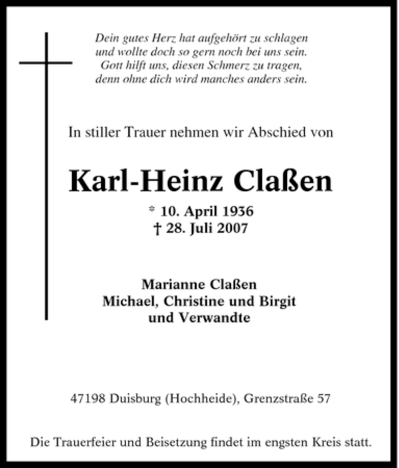 Traueranzeigen von KarlHeinz Claßen TrauerinNRW.de