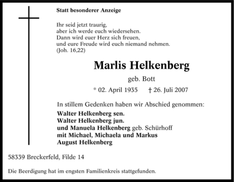 Traueranzeige für Marlis Helkenberg vom 02.08.2007 aus Tageszeitung
