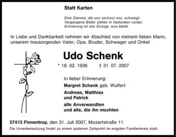 Traueranzeige von Udo Schenk von Tageszeitung