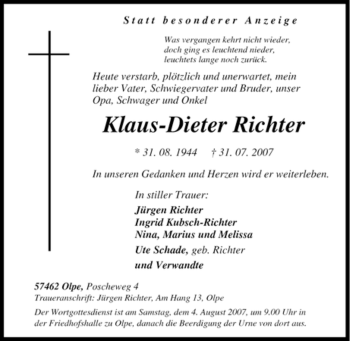 Traueranzeige von Klaus-Dieter Richter von Tageszeitung
