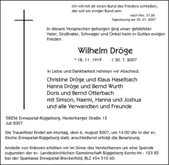 Traueranzeige von Wilhelm Dröge von Tageszeitung