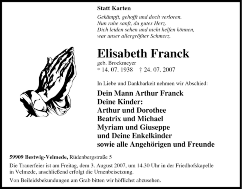  Traueranzeige für Elisabeth Franck vom 02.08.2007 aus Tageszeitung