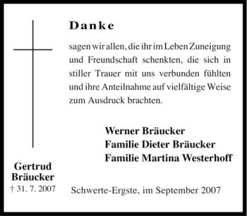 Traueranzeige von Gertrud Bräucker von Tageszeitung