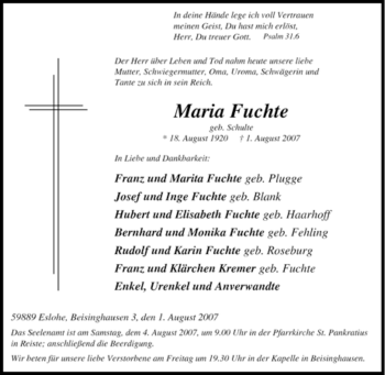 Traueranzeige von Maria Fuchte von Tageszeitung