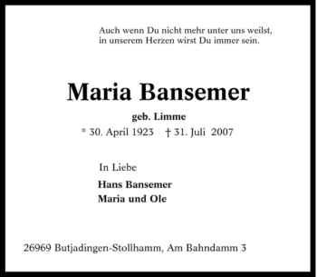 Traueranzeige von Maria Bansemer von Tageszeitung