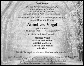 Traueranzeige von Anneliese Vogel von Tageszeitung