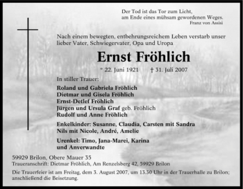 Traueranzeige von Ernst Fröhlich von Tageszeitung