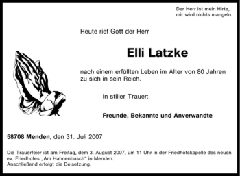 Traueranzeige von Elli Latzke von Tageszeitung