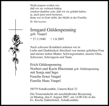 Traueranzeige von Irmgard Güldenpenning von Tageszeitung