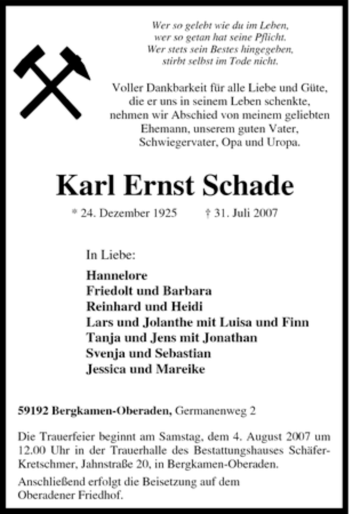 Traueranzeige von Karl Ernst Schade von Tageszeitung