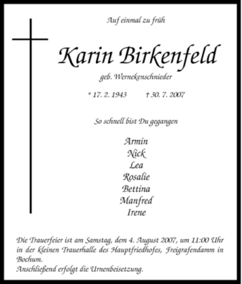 Traueranzeige von Karin Birkenfeld von Tageszeitung