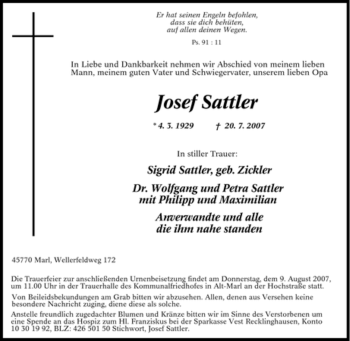 Traueranzeige von Josef Sattler von Tageszeitung