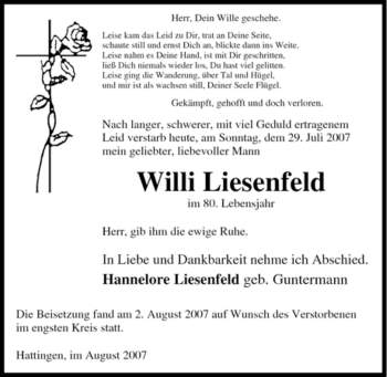 Traueranzeige von Willi Liesenfeld von Tageszeitung