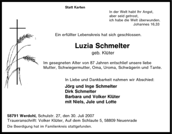 Traueranzeige von Luzia Schmelter von Tageszeitung