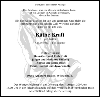 Traueranzeige von Käthe Kraft von Tageszeitung