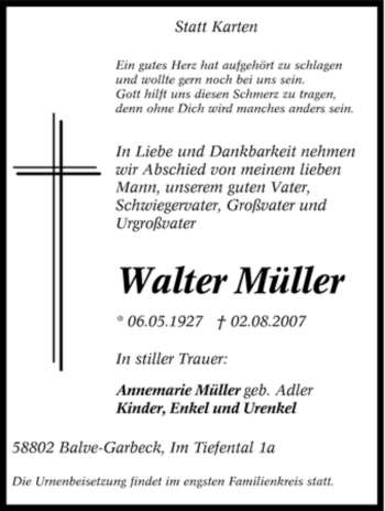 Traueranzeige von Walter Müller von Tageszeitung