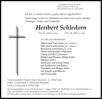 Traueranzeige von Heribert Schledorn von Tageszeitung
