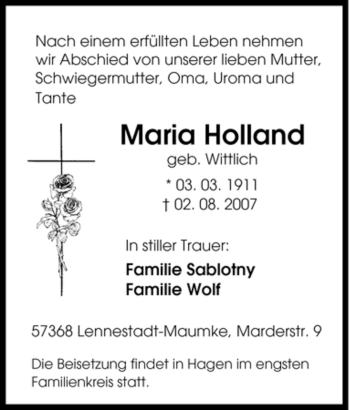 Traueranzeige von Maria Holland von Tageszeitung