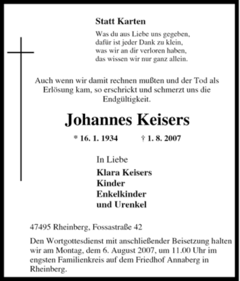 Traueranzeige von Johannes Keisers von Tageszeitung