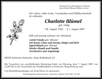 Traueranzeige von Charlotte Blümel von Tageszeitung