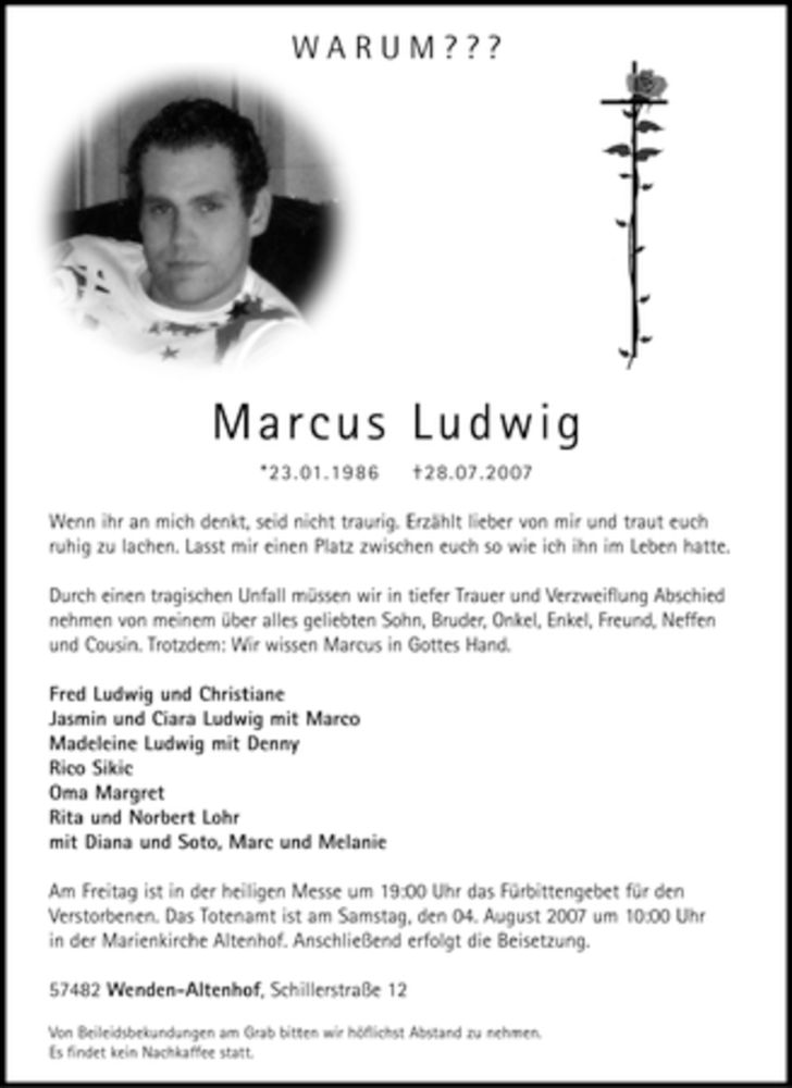  Traueranzeige für Marcus Ludwig vom 03.08.2007 aus Tageszeitung