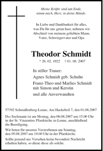 Traueranzeige von Theodor Schmidt von Tageszeitung