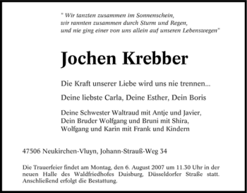 Traueranzeige von Jochen Krebber von Tageszeitung