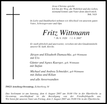 Traueranzeige von Fritz Wittmann von Tageszeitung