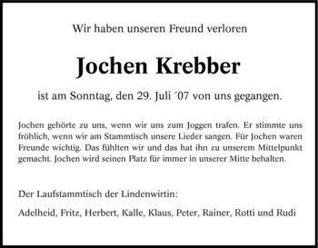 Traueranzeige von Jochen Krebber von Tageszeitung