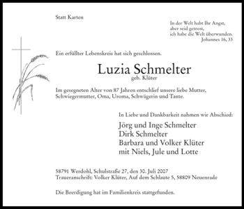 Traueranzeige von Luzia Schmelter von Tageszeitung