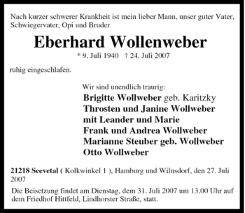 Traueranzeige von Eberhard Wollenweber von Tageszeitung