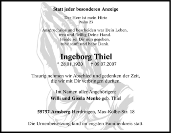 Traueranzeige von Ingeborg Thiel von Tageszeitung