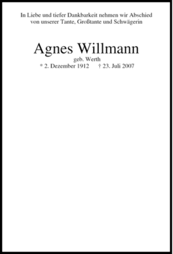 Traueranzeige von Agnes Willmann von Tageszeitung