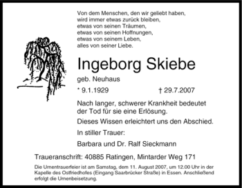 Traueranzeige von Ingeborg Skiebe von Tageszeitung