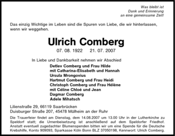 Traueranzeige von Ulrich Comberg von Tageszeitung