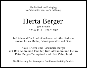 Traueranzeige von Herta Berger von Tageszeitung
