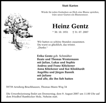 Traueranzeige von Heinz Gentz von Tageszeitung