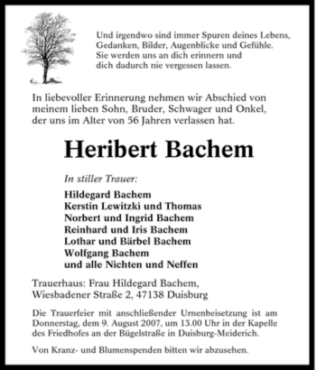 Traueranzeige von Heribert Bachem von Tageszeitung
