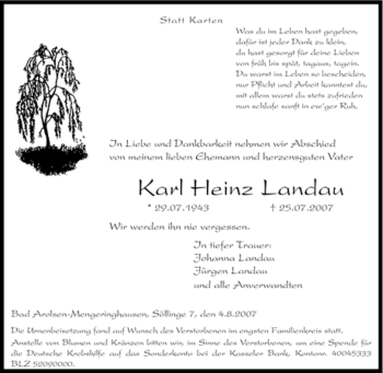 Traueranzeige von Karl Heinz Landau von Tageszeitung