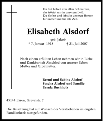 Traueranzeige von Elisabeth Alsdorf von Tageszeitung