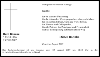 Traueranzeige von Dieter Bonnke von Tageszeitung