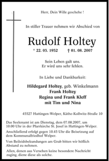 Traueranzeige von Rudolf Holtey von Tageszeitung