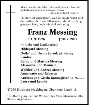 Traueranzeige von Franz Messing von Tageszeitung
