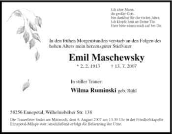 Traueranzeige von Emil Maschewsky von Tageszeitung