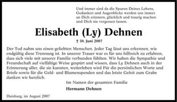 Traueranzeige von Elisabeth Dehnen von Tageszeitung