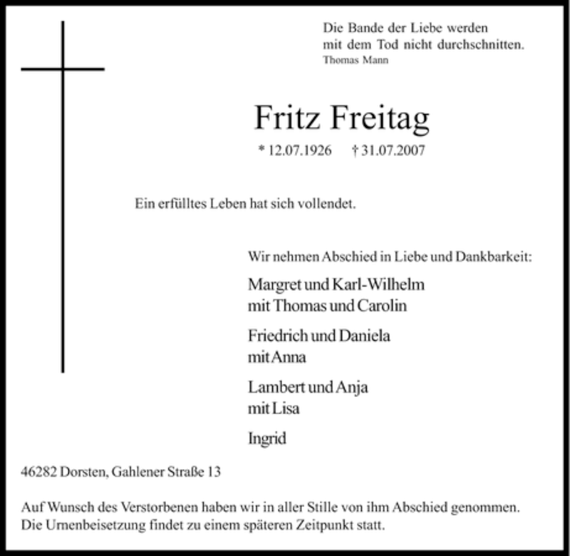  Traueranzeige für Fritz Freitag vom 04.08.2007 aus Tageszeitung